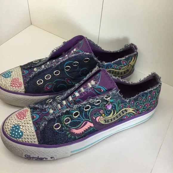 Girls Skechers Sneakers Twinkle Toes Shuffles Peacocks Tennis Shoes Size 5 - Picture 3 of 14